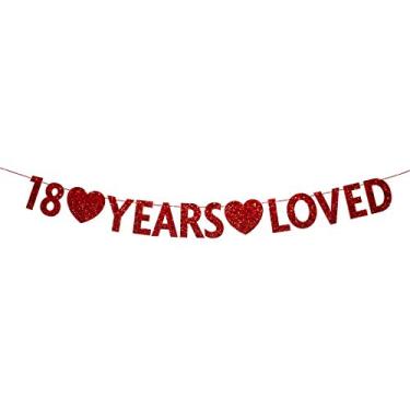 Imagem de Banner vermelho 18 Year Loved, decoração de festa de aniversário de feliz 18 anos com glitter vermelho, suprimentos