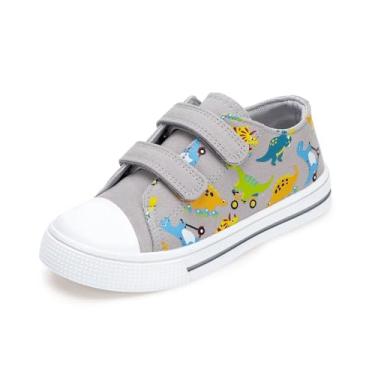 Imagem de FUNCOO PLUS Tênis infantil de lona para meninos e meninas com gancho e laços, Dinossauros esportivos cinza, 10 Toddler