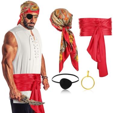 Imagem de Boyiee Conjunto de 5 peças masculinas de fantasia de pirata para mulheres, camisa renascentista medieval, faixa bandana, cinto para festa de cosplay de Halloween (vermelho, P)