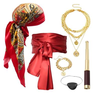 Imagem de MDEOOSKY Conjunto de acessórios de fantasia de pirata, chapéu cabeça cachecol faixa cinto acessórios para vestido, substituição para jogo de pirata Halloween noite de Natal vermelho
