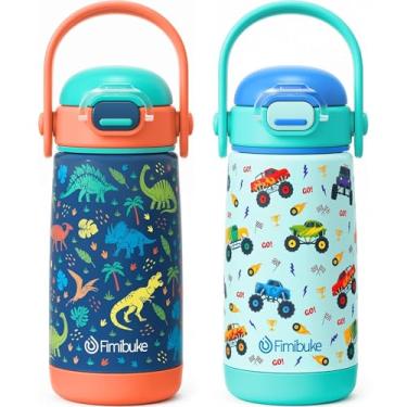 Imagem de Fimibuke Garrafa de água isolada infantil com tampa e alça de canudo - 400 ml livre de BPA 18/8 copo de metal de aço inoxidável à prova de vazamento de parede dupla copo infantil garrafa de água