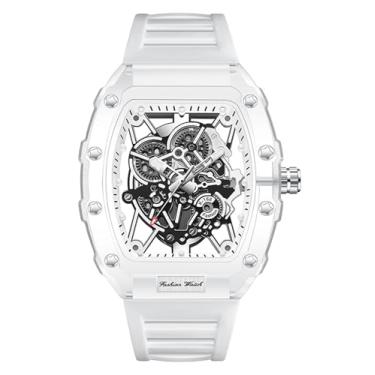 Imagem de Gosasa Relógio de pulso masculino moderno esqueleto de quartzo Tonneau Face à prova d'água moderno analógico esportivo casual com caixa transparente, pulseira de silicone, Branco, Tendência