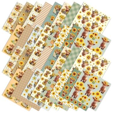 Imagem de JarThenaAMCS 32 peças de tecido de vaca Highland quadrados marrom vaca girassol pacotes de tecido de algodão pequenos tecidos de costura para decoração de artesanato de costura DIY, 25 x 25 cm