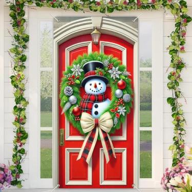Imagem de BlissYard Capa de porta de Natal, guirlanda xadrez de boneco de neve, 89 x 188 cm, faixa festiva para decoração de parede interna e externa, tecido de poliéster, decoração de festa em casa para