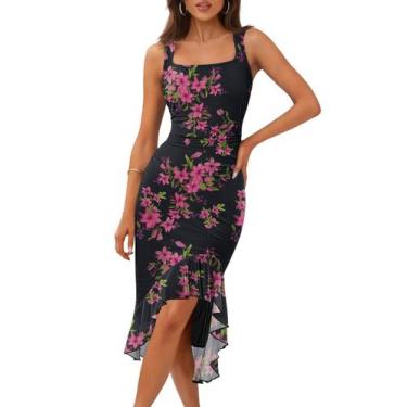 Imagem de Vestido feminino MEROKEETY, floral de verão, decote quadrado e bainha 