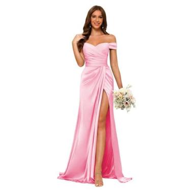 Imagem de Vestido de dama de honra rosa Dessiny, longo, sereia, cetim, sem ombro