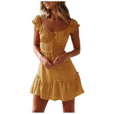 Imagem de Mulheres Costura Ruffled Floral Saia Manga Curta Lace-up Vestido de Ci