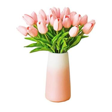Imagem de Tulipas artificiais Mandy's Light Pink com vaso rosa gradiente