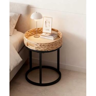 Imagem de Conjunto de 2 mesas de centro redondas com mesa de madeira e moldura de metal, mesas laterais empilháveis modernas para sala de estar, quarto, escritório e varanda (rattan, 1)