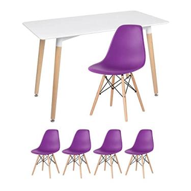 Imagem de Kit - Mesa retangular Eames 60 x 120 cm + 4 cadeiras Dsw Mesa branco com cadeiras roxo