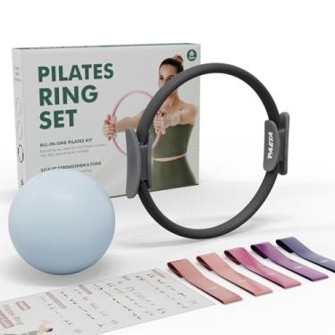 Imagem de PAETA Conjunto de anéis de Pilates – Círculo mágico de 35,5 cm (resistência de 17 kg), bola de Pilates de 25,9 cm, 5 faixas de resistência e guia de exercícios incluídos para exercícios em casa (preto