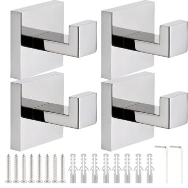 Imagem de Cabides de parede quadrados com parafusos, conjunto de ganchos de parede de metal para cozinha, 4 ganchos de banheiro de aço inoxidável, ganchos de toalha montados na parede