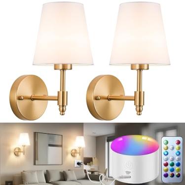 Imagem de YHCDLAMP Conjunto de duas arandelas de parede operadas por bateria, luzes de parede recarregáveis sem fio com lâmpada destacável RGB regulável de 10000 mAh, arandelas de bateria, decoração de parede