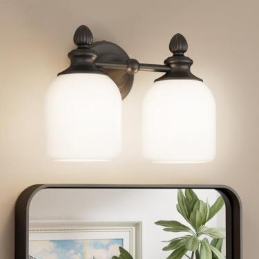 Imagem de Keonjinn Luminárias de banheiro com 2 luzes, luzes pretas vintage para espelho com persianas de vidro fosco, base E26 listada pela UL (lâmpadas não incluídas), luminárias reversíveis para banheiro
