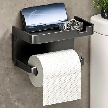 Imagem de Porta Papel Higiênico com Prateleira para Celular – Instalação sem Furos, Adesivo de Alta Fixação, Plástico Resistente, Design Preto Moderno para Banheiro e Lavabo
