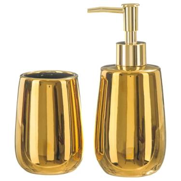 Imagem de Kit Lavabo Banheiro Dourado Luxo Porcelana Dispenser Líquido