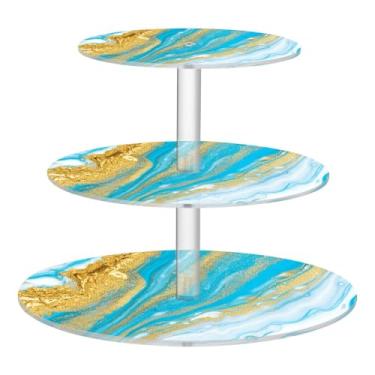 Imagem de CEBUGI Suporte de cupcake de 3 camadas, textura de mármore azul, suporte redondo para bolo, bandeja de servir em camadas de acrílico para chá, chá de bebê, casamento e mais