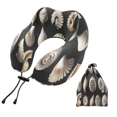 Imagem de CEBUGI Travesseiros de viagem portáteis em forma de U, travesseiro de pescoço de espuma viscoelástica com trava de corda ajustável para avião, viagem, trem, negócios, escritório, soneca (padrão de