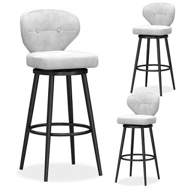 Imagem de Conjunto de 3 bancos de bar giratórios com altura de balcão, banquetas modernas de veludo com encosto médio, cadeira de bar estofada com base de metal, bancos de ilha de cozinha