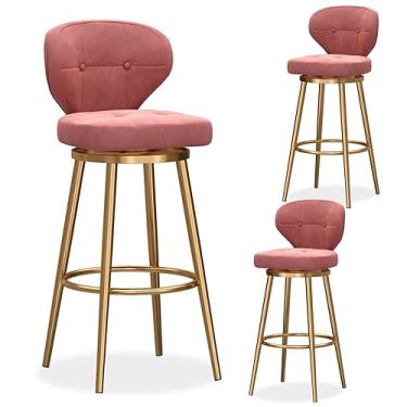 Imagem de Conjunto de 3 bancos de bar giratórios com altura de balcão, banquetas modernas de veludo com encosto médio, cadeira de bar estofada com base de metal, bancos de ilha de cozinha