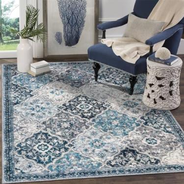 Imagem de KILOCOCO Tapete de área para sala de estar 3'x5' treliça marroquina tapete de quarto tapete lavável interior antiderrapante tapete de destaque baixo impresso tapete para banheiro cozinha entrada sala de jogos tapete de escritório, azul