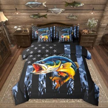 Imagem de Erosebridal Conjunto de edredom completo com 7 peças, bandeira americana, camuflada, azul, camuflagem, casa de fazenda, para meninos, adolescentes e adultos, para amantes de pesca