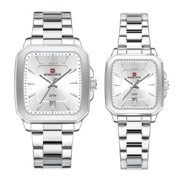Imagem de Relogios De Pulso Analógico Conjunto De Casal Em Aço Inoxidavel Design Quadrado Impermeavel Branco