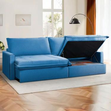 Imagem de Sofá Cama Baú Ravello Sem Caixa 2,76m Linho Azul 3 Lugares