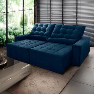 Imagem de Sofá Retrátil Reclinável Alaska 3,00m Suede Velut Azul Marinho Molas No Assento - King House