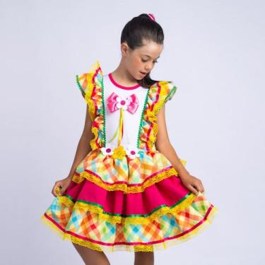 Imagem de Vestido Infantil Junino Xadrez Amarelo e Pink Laço Cetim Muvile Tamanh