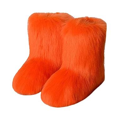 Imagem de TangDao Botas coloridas de pele sintética para mulheres, felpudo, felpudo, bico redondo, camurça, inverno, confortável, pelúcia, quente, curto, botas de neve, botas de cano médio para ambientes externos e internos, Laranja, 10