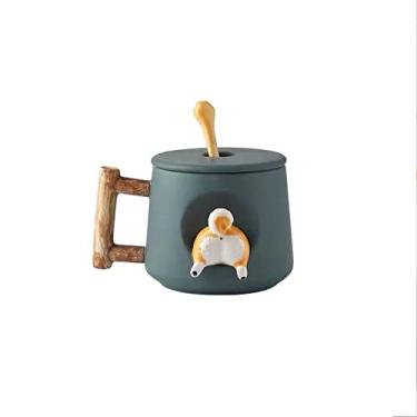 Imagem de Copo para casal de cães, caneca de café de cerâmica com tampa e colher combinando, caneca com estampa de gato 3D, com textura fosca, presentes perfeitos de 420 ml (verde 1)