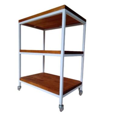 Imagem de Carrinho Auxiliar Estilo Industrial com Ferro em Branco e Madeira cor 