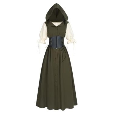 Imagem de LTAKK Fantasia renascentista feminina vestido medieval Ren Faire vestidos com capuz com espartilho, grande