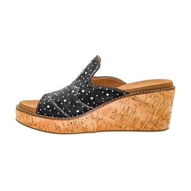 Imagem de Corkys Footwear Cunha feminina Neon Moon de 6 cm, com um design chique de costura ocidental na parte superior, palmilhas de EVA macias e acolchoadas para uso o dia todo, Strass jeans preto lavado, 38