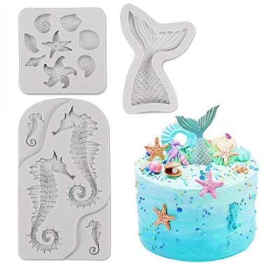 Imagem de SAKOLLA Mermaid Theme Cake Fondant Mould - Seahorse Seashell Starfish Mermaid Tail Silicone Mould for Under The Sea Cake Decoration, Chocolate, Candy, Polymer Clay, Cupcake Decor, Sugar Craft, etc.