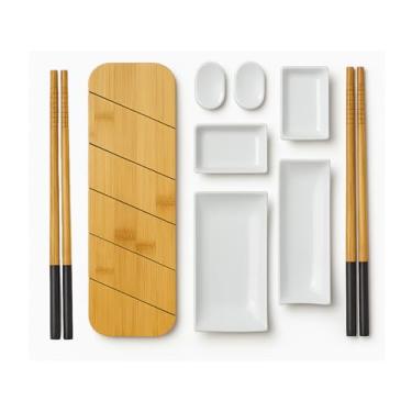 Imagem de Conjunto Sushi 9 Peças Bambu e Porcelana Nagoya – Hashi, Pratos e Molheiras | Jantar Japonês Completo