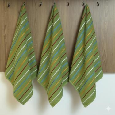 Imagem de Kit Pano de Prato Atoalhado 3 Peças, 100% Algodão, 70x45cm, Listrado Colorido, Felpudo, Alta Absorção para Cozinha, Pano de Copa, Toalha de Cozinha (Verde)
