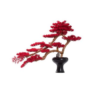 Imagem de KUYBTU Árvores artificiais plantas em vaso árvore bonsai artificial folha vermelha árvore vaso decoração seixos naturais cerâmica artesanal plantas verdes no escritório, família e sala de estar ar