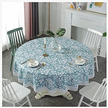 Imagem de ZJYWMM Toalha de mesa redonda de PVC limpa, folha azul, borda de renda, impermeável, à prova de óleo, toalha de mesa de jantar de vinil resistente para decoração de casa, exterior, hotel, festa