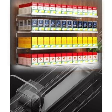 Imagem de Suporte de parede acrílico para exibição de cigarro com empurrador automático, vitrine retangular transparente, organizador de cigarros elegante, tamanho 37,5 x 28,4 x 54 cm