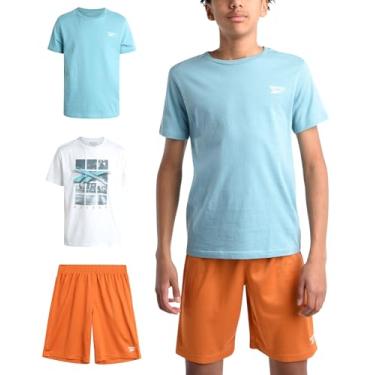 Imagem de Reebok Conjunto de shorts ativos para meninos - camiseta de manga curta de desempenho de 3 peças e shorts de basquete de malha - conjunto esportivo (8-12), Branco/laranja, 12