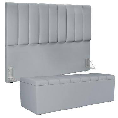 Imagem de Kit Cabeceira Cama Box Casal King 195cm Com Calçadeira Baú Dália W01 Suede Cinza - Lyam