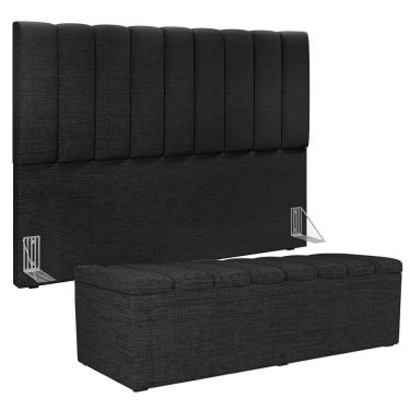 Imagem de Kit Cabeceira Cama Box Casal King 195cm Com Calçadeira Baú Dália W01 Linho Chumbo - Lyam