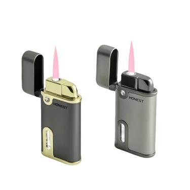 Imagem de Isqueiro de tocha de butano com luz de janela elegante caixa de presente recarregável a gás à prova de vento com chama vermelha única (cinza + preto)