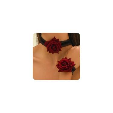 Imagem de Kercisbeauty Gargantilha e pulseira elástica de renda preta com flor de rosa vermelha para mulheres, conjunto de joias de festa de Halloween