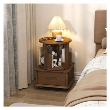Imagem de Mesa lateral redonda giratória de 360°, mesa lateral de sofá com armário de armazenamento e roda universal, mesa de cabeceira rústica para sala de estar, quarto, escritório, espaços pequenos (cor