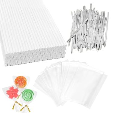 Imagem de CHELIZIYA Conjunto de 300 palitos e envoltórios de bolo, com 100 palitos de papel de 15 cm, 100 sacos de petisco, 100 laços torcidos prateados para pirulito, doces duros, ventosas, chocolate (prata)