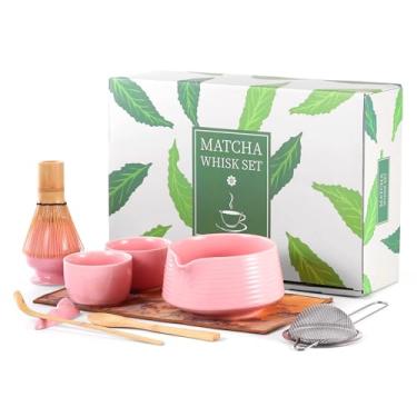 Imagem de HELPLX Conjunto de batedor Matcha com 10 peças, kit de matcha japonês com tigela, batedor e suporte, 2 xícaras de chá, colher de bambu, colher e toalha de chá, conjunto de chá matcha rosa para