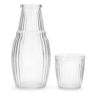Imagem de Conjunto Elegante de Jarra e Copo de Vidro, 1L Jarra com Copo Tampa, Design Canelado, 25cm Altura, Transparente, para Água e Sucos